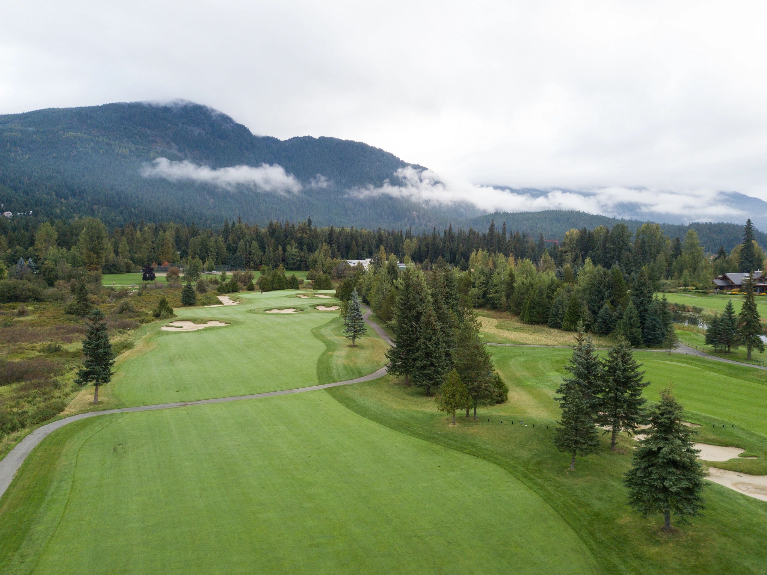 Aerial view of a pristine golf course fairway