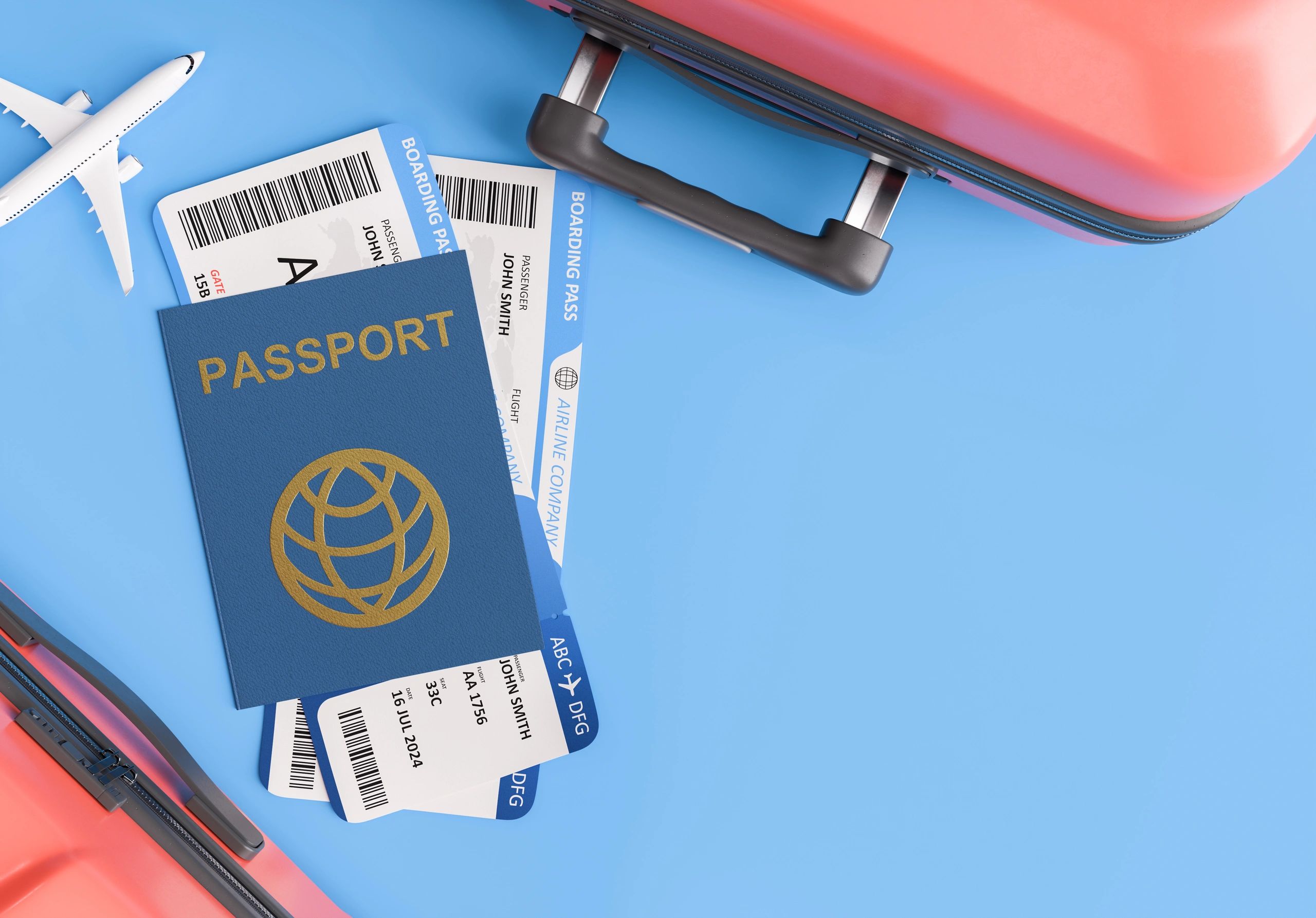 Travel essentials arranged on a surface