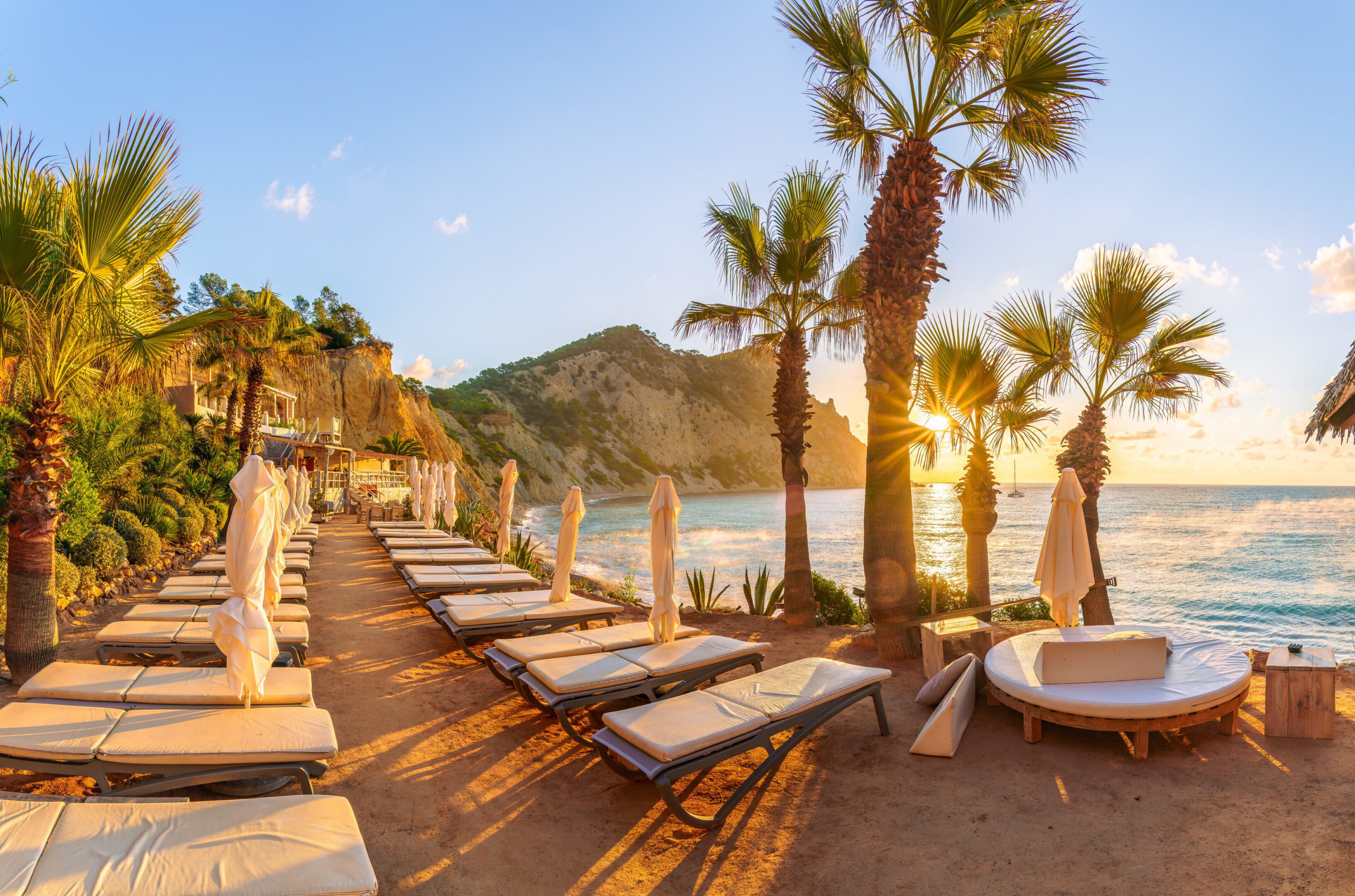 Landscape with Sol d'en Serra beach at sunrise time, Ibiza islands, Spain